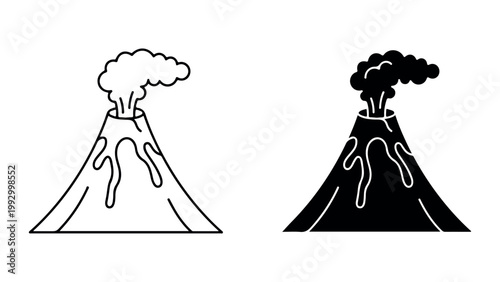 Volcano icons, volcanic eruption symbols, black and white illustrations, geology graphics isolated on White Background