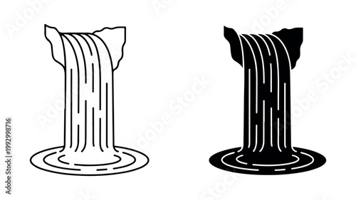 Waterfall icons, black and white, line art, vector graphics, illustration set isolated on White Background