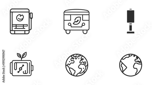 Obraz na płótnie Eco-Friendly World Elements: A minimalist array of environmental icons, depicting sustainable practices, renewable energy and planet Earth, evoking a sense of conservation and responsibility