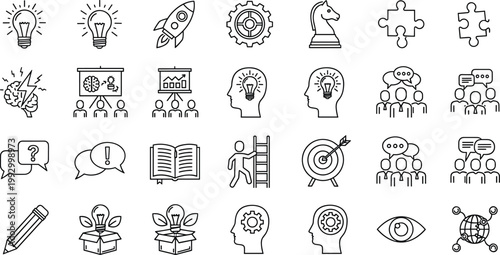 Creative Idea and Innovation Thin Line Icons Set with Lightbulb Brain Rocket Target Teamwork and Problem Solving Symbols Vector Collection