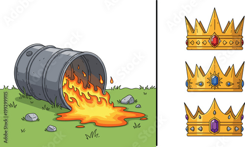Industrial Metal Barrel Spilling Fire and Lava onto Grass and Set of Ornate Gold Royal Crowns with Red Blue and Purple Jewels Vector