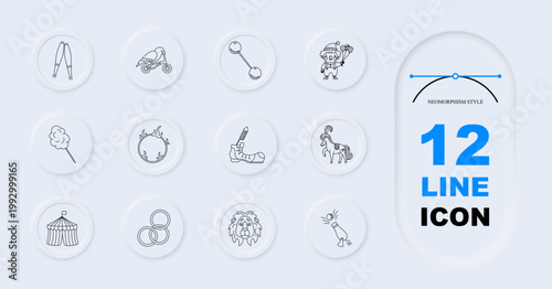 Circus performance set icon. Line symbols with stilts bird scooter juggling balls clown cotton candy ring fire boot horse tent rings lion cannon inside circular neumorphism buttons layout