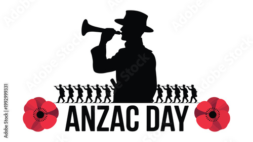 anzac day remembrance illustration with soldier silhouette playing bugle and red poppy flowers honoring australian and new zealand army corps sacrifice, lest we forget tribute design 