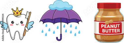 Kawaii Tooth Fairy with Crown and Toothbrush, Purple Umbrella with Rain Cloud, and Peanut Butter Jar Vector Illustration Set for Kids Stickers and Apps