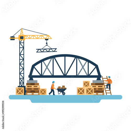 Construction scene featuring workers, a large yellow tower crane, and a dark blue arched bridge being built with various supplies and crates.