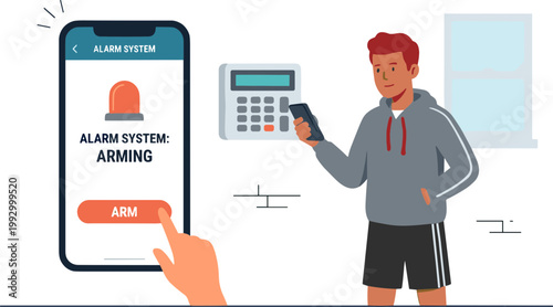 Man setting alarm on smartphone and keypad indoors.