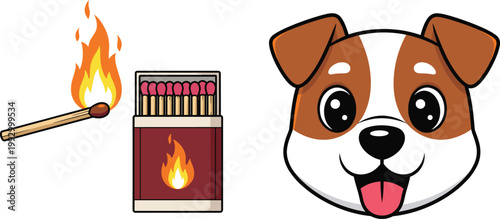 Lit Matchstick with Flame and Open Matchbox Beside a Cute Jack Russell Terrier Puppy Face Vector Illustration for Pet and Fire Safety
