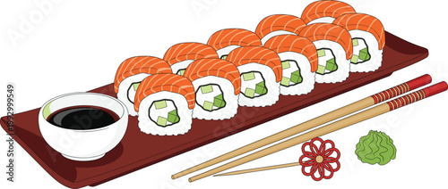 Large Platter of Fresh Salmon Sushi Rolls with Avocado Filling Served with Soy Sauce, Wasabi, and Bamboo Chopsticks Vector Illustration for Dining