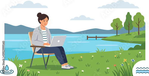 Woman working on laptop in serene outdoor setting by a lake