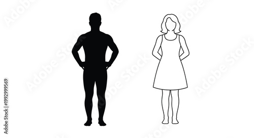 Photos A minimalist black and white illustration depicts a standing man and woman facin