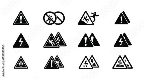 Collection of black warning and danger signs with various symbols