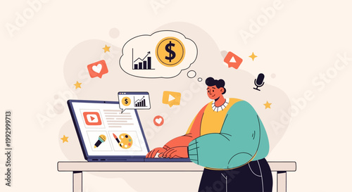 Freelancer working on laptop with social media and money thought