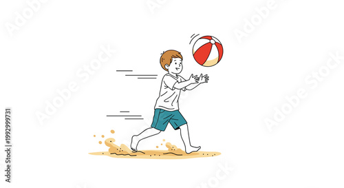 Energetic young boy running across the sand and reaching out to catch a red and white inflatable beach ball.
