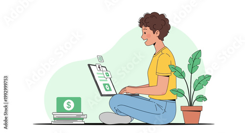 Freelancer working remotely on laptop with money