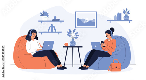 Two young women relaxing in comfortable bean bag chairs while working on laptops and listening to music at home.