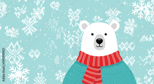 Cute polar bear character wearing a blue knitted sweater and red striped scarf standing against a snowy light blue winter background.