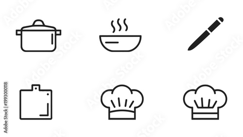Kitchen Icons: An array of minimalist icons perfectly encapsulates the essence of culinary artistry, featuring a saucepan, steaming bowl, knife, chopping board and chef hats.