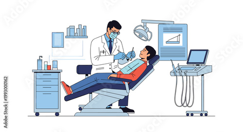 Professional dentist in a mask and lab coat performing a checkup on a patient sitting in a dental chair in a modern clinic office.
