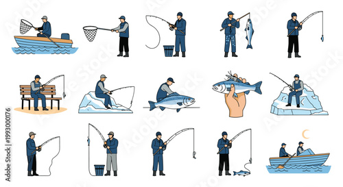 Detailed set of various fishing illustrations featuring fishermen in boats, on ice, and sitting on benches catching different types of fish.