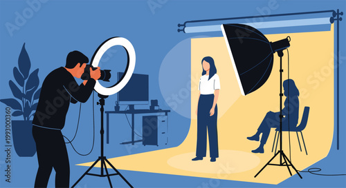 Professional photographer using a ring light to take a portrait of a model in a studio setup with softboxes and backdrops.