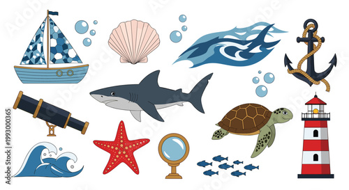 Diverse collection of marine themed illustrations including a shark, turtle, starfish, anchor, lighthouse, telescope, and sailing boat.