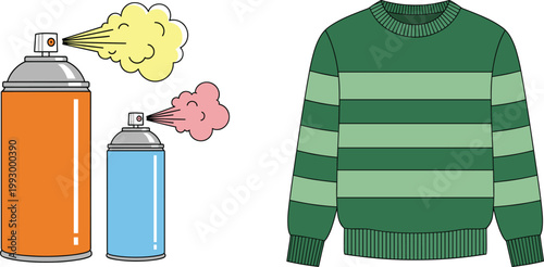 Orange and Blue Spray Paint Cans with Colorful Mist and Green Striped Winter Sweater Vector Illustration Set for Street Art and Apparel Designs