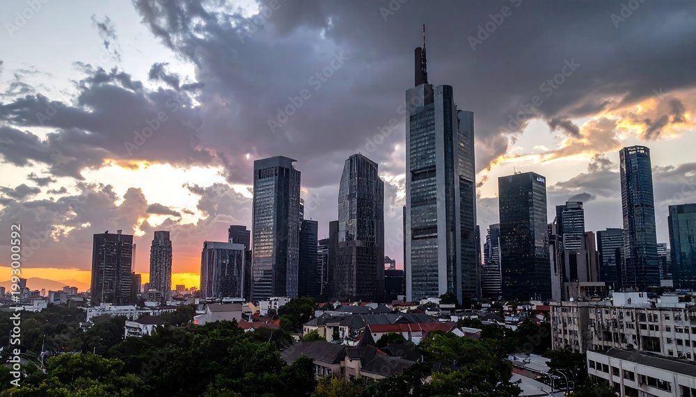 Fototapeta premium Cityscape with Skyscrapers at Dramatic Sunset.