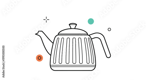 Minimalist line art drawing of a classic tea kettle with decorative stripes and handles surrounded by colorful geometric accents.