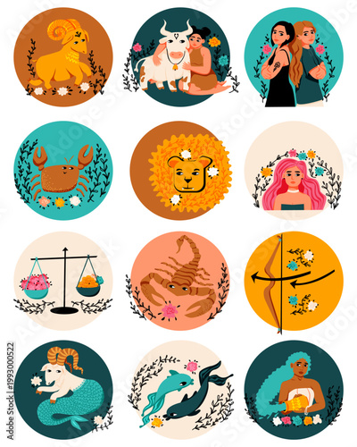 Zodiac signs set. Astrology horoscope icons. Aries, Gemini, Taurus, Cancer, Leo, Virgo, Libra, Scorpio, Aquarius and Pisces. Women, Ornament of plants and roses, circles. Vector