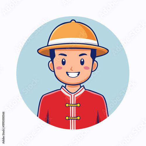 Cartoon of a smiling person in traditional Asian attire and a pith helmet