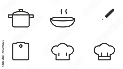 Kitchen Icons: A simple set of kitchen related icons, perfect for culinary projects or design, including a pot, bowl, chopping board and chef hats.