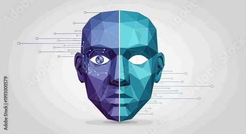 Geometric polygonal face with technology and human elements
