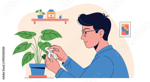 Young man wearing glasses and a blue shirt carefully cleaning the leaves of a potted green houseplant with a soft white cloth.