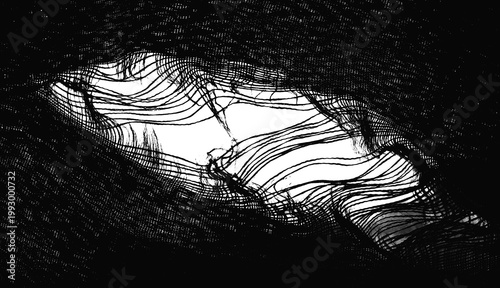 teared rag spread isolated on white background backdrop pattern texture. hole in tissue black fabric torn stitch hole loose threads Torn fabric with frayed edges Mockup mock up mock-up template blank
