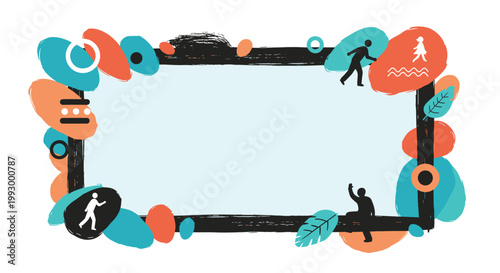 Abstract artistic frame featuring black borders surrounded by colorful shapes and small human figures in different active poses.