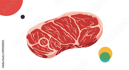 Realistic illustration of a raw red meat cutlet with fat marbling and bone depicted with abstract colorful shapes in the background.