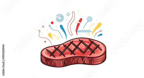 Delicious grilled steak with distinct grill marks and colorful abstract seasonings and steam rising above it on a white background.