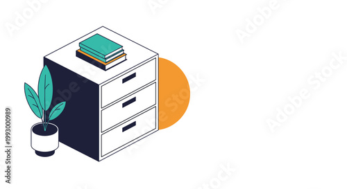 Isometric view of a white office file cabinet with three drawers, a potted plant, and a stack of books on top.