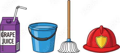 Purple Grape Juice Carton with Straw beside Blue Plastic Cleaning Bucket Mop and Red Firefighter Safety Helmet Vector Illustration Icon Set for Graphics