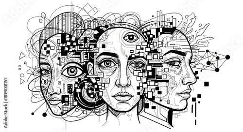 Glitch art faces with digital distortions