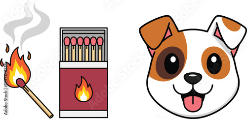 Safety Matchbox with Burning Wooden Match Stick and Smoke and Kawaii Spotted Puppy Dog Face Vector Illustration for Stickers and Kids Designs