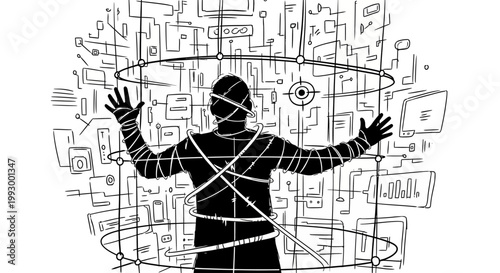 Hacker silhouette trapped in cyber web