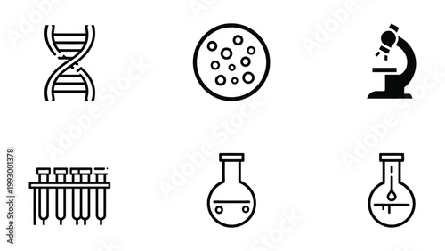 Science Icons: A set of minimalistic icons representing various aspects of scientific research and experimentation, including DNA strands, petri dish, microscope, test tubes, flasks.