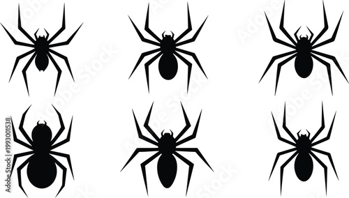 Set of Six Black Spider Silhouettes with Various Body Shapes and Leg Positions for Halloween Decorations, Spooky Graphics, and Horror Themed Designs