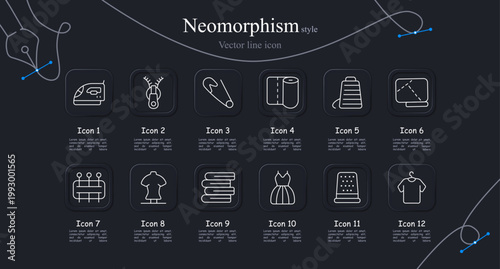 Sewing craft set icon. Electric iron, zipper fastener, safety pin, fabric roll, thread spool, sewing pattern, pin cushion, dress mannequin, folded textiles, evening dress, metal thimble