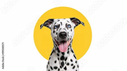 Portrait of a happy dalmatian dog with striking blue eyes. Cute spotted canine on a modern yellow and white background with copy space