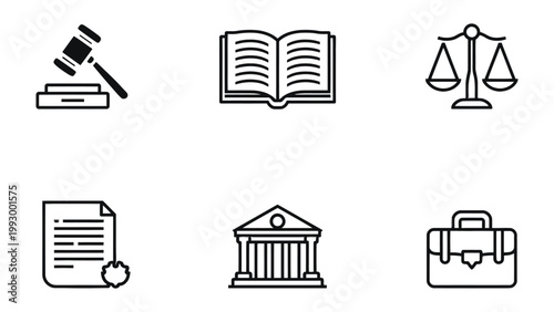 Justice Icons in Linear Style: A series of sleek, linear-style icons depicting fundamental symbols of law and justice, offering a visually clean and informative representation of legal concepts.