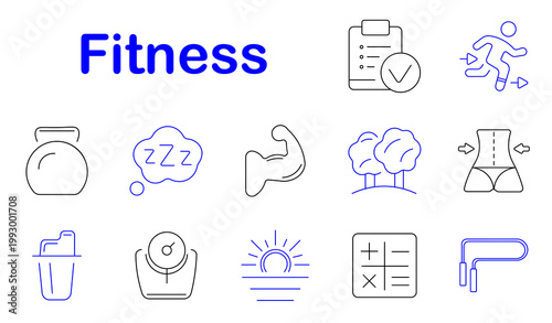 Fitness set icon. Kettlebell, sleep, muscle, park, body, bottle, scale, sunrise, exercise, rope, training, health, workout, sport, lifestyle, activity, energy, strength, routine, wellness