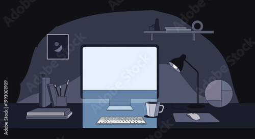 Home office workspace with computer and desk lamp