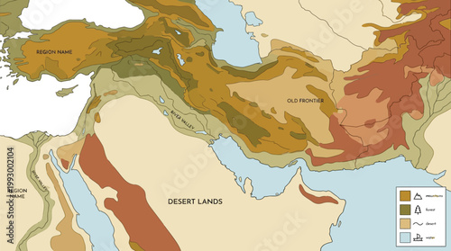 Middle East map illustrates geographical regions including desert lands and mountain ranges with a clear legend for cartographic study.